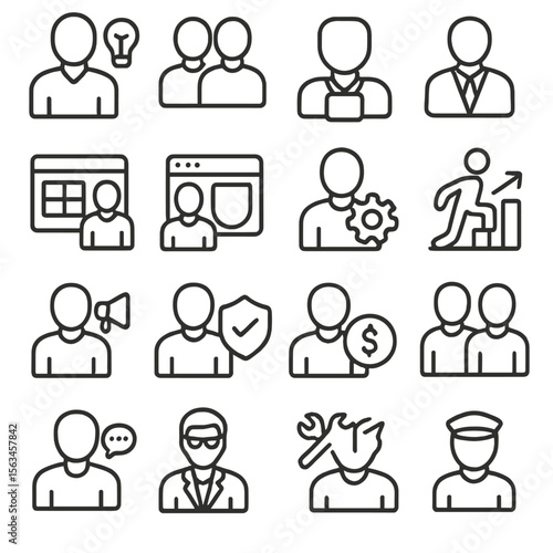 Startup Team Icons. Line style icons of startup team roles: founder icon, co-founder, CTO badge, CEO profile, product manager, UX