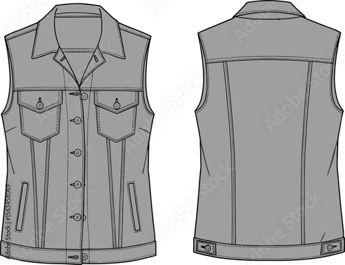 CAD flat vector illustration of sleeveless denim vest with button front, pocket design, garment sketch, technical fashion clothing template