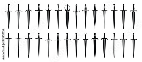 Set of twenty four silhouettes of swords isolated on white background