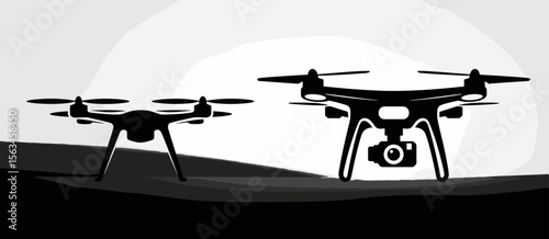 Two black drone silhouette, unmanned aerial vehicle technology and transportation