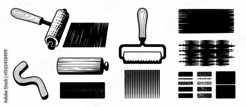Printmaking tools set, linocut supplies. Art equipment, linoleum rollers and patterns