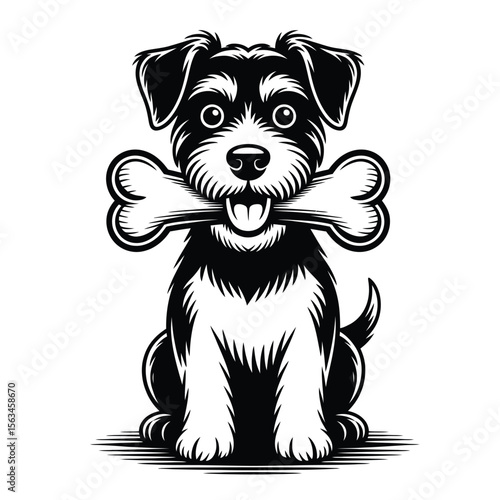 Black and white vector illustration of a cheerful terrier dog holding a large bone with a happy expression and playful posture