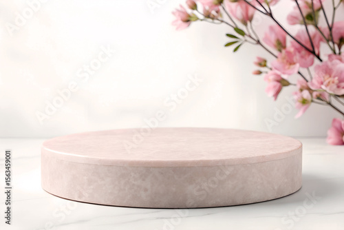 Pink stone pedestal with flowers in soft natural light. Elegant Product Display Scene. 