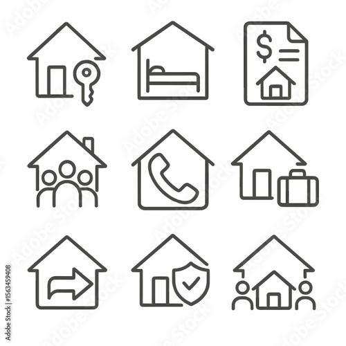 Housing Support Icons. Line style icons of housing and shelter support: key to safe home, emergency shelter bed, rent assistance