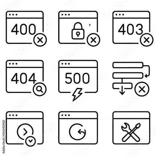 API Error Icons. Line style icons of error handling in APIs: 400 bad request, 401 unauthorized, 403 forbidden, 404 not found, 500
