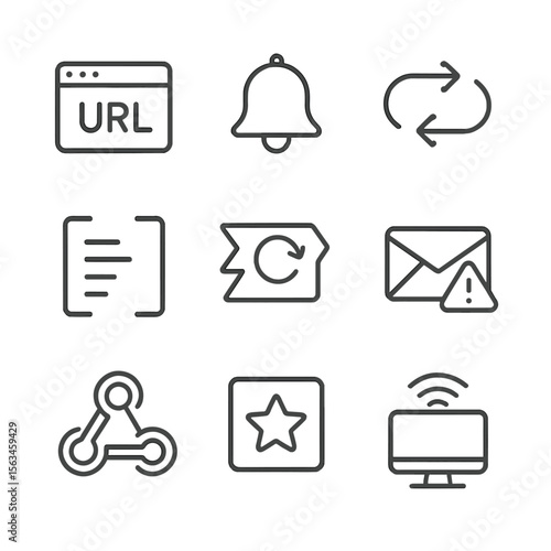 Webhook Icon Set. Line style icons of webhooks and callbacks: webhook URL, trigger bell, event response arrows, payload icon,