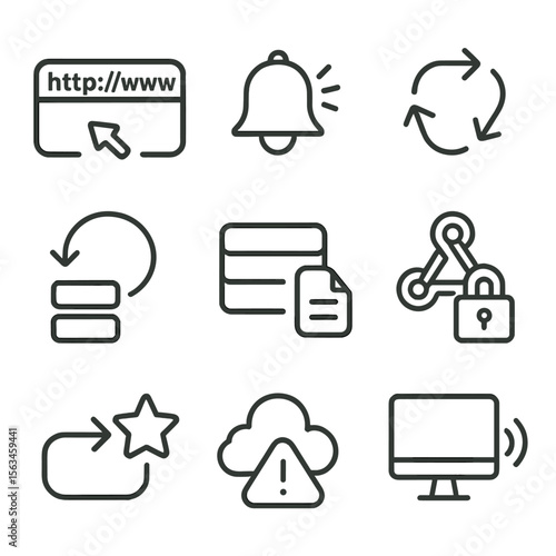 Webhook Icon Set. Line style icons of webhooks and callbacks: webhook URL, trigger bell, event response arrows, payload icon,