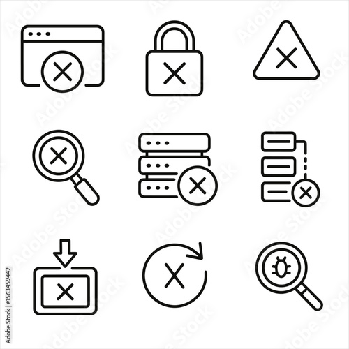 API Error Icons. Line style icons of error handling in APIs: 400 bad request, 401 unauthorized, 403 forbidden, 404 not found, 500