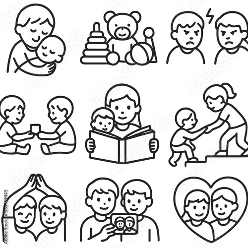 Sibling Dynamics Icons. Line style icons of sibling dynamics: older sibling hugging baby, shared toys, sibling rivalry icon,