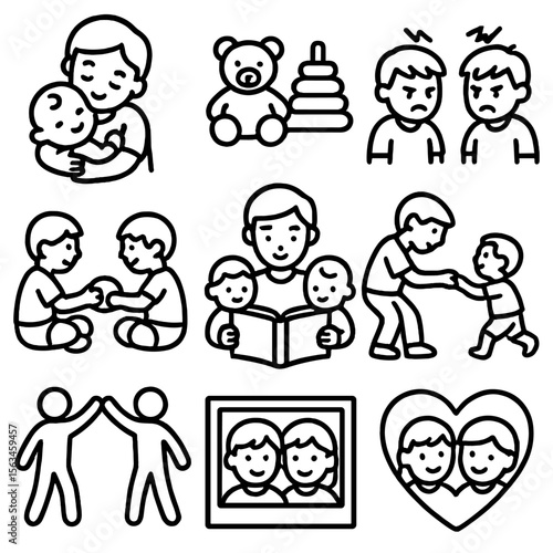 Sibling Dynamics Icons. Line style icons of sibling dynamics: older sibling hugging baby, shared toys, sibling rivalry icon,