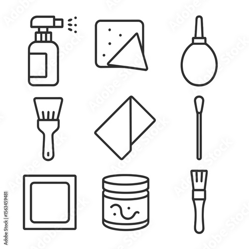 Tech Cleaning Icons. Line style icons of cleaning accessories for tech: screen cleaner spray, microfiber cloth, air blower,