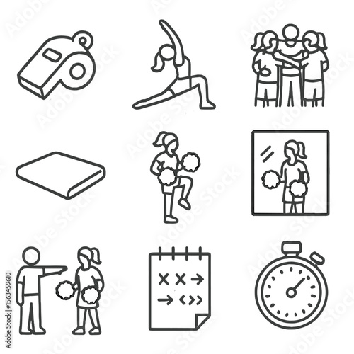 Cheerleading Practice Icons. Line style icons of cheerleading practice: coach whistle, stretching pose, team huddle, floor mat,
