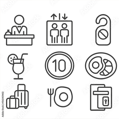 Hotel Icon Set. Line style icons of hotel and hospitality signs: reception desk icon, elevator floor sign, room number plate, do