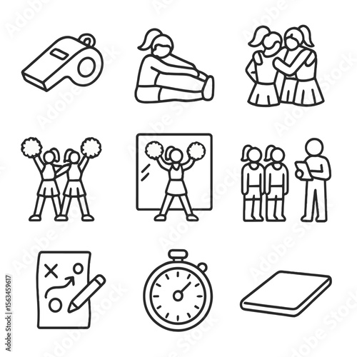 Cheerleading Practice Icons. Line style icons of cheerleading practice: coach whistle, stretching pose, team huddle, floor mat,