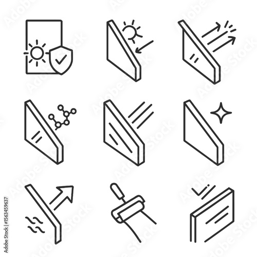 Glass Coating Symbols. Line style icons of sun protection glass coatings: UV protective layer, reflective coating, solar control