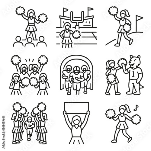Cheerleading Icon Set. Line style icons of cheerleading on game day: pep rally icon, halftime performance, sideline cheer, team