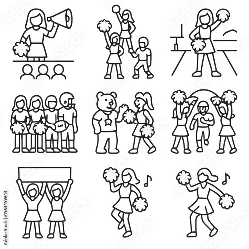 Cheerleading Icon Set. Line style icons of cheerleading on game day: pep rally icon, halftime performance, sideline cheer, team