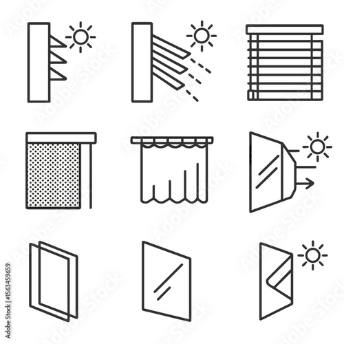 Sun Control Icons. Line style icons of sun control features: solar shading fins, external sun louver, adjustable blinds, sunshade