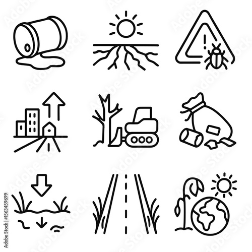 Wetland Threat Icons. Line style icons of wetland threats: pollution barrel, drained field, invasive species alert,