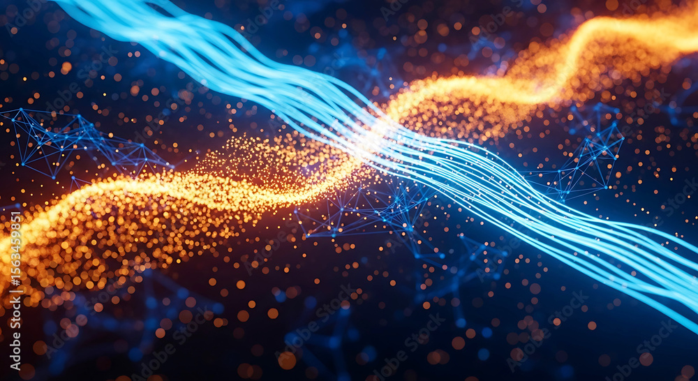 Fototapeta premium Abstract digital network of glowing blue lines and orange particles against a dark background