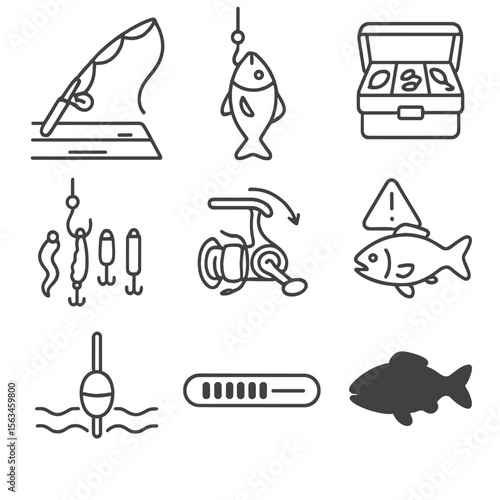 Fishing Dock Icons. Line style icons of fishing mechanics on dock: cast fishing line, caught fish icon, tackle box open, bait