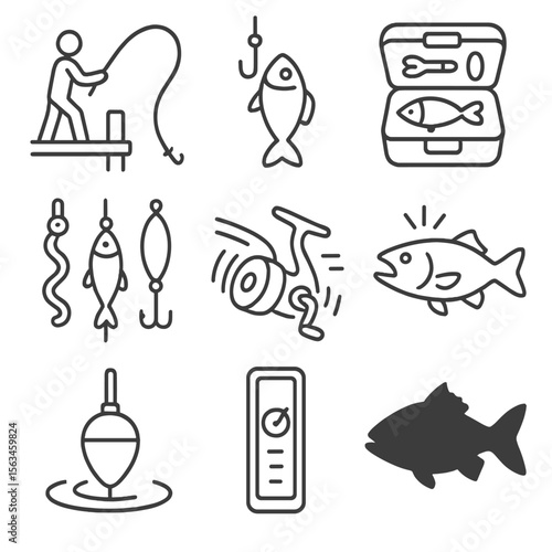 Fishing Dock Icons. Line style icons of fishing mechanics on dock: cast fishing line, caught fish icon, tackle box open, bait
