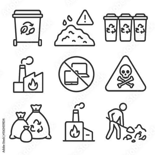 Waste Management Icons. Line style icons of waste management: compost bin, landfill icon, recycling bins, waste-to-energy facility
