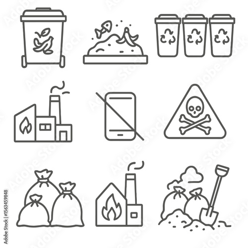 Waste Management Icons. Line style icons of waste management: compost bin, landfill icon, recycling bins, waste-to-energy facility