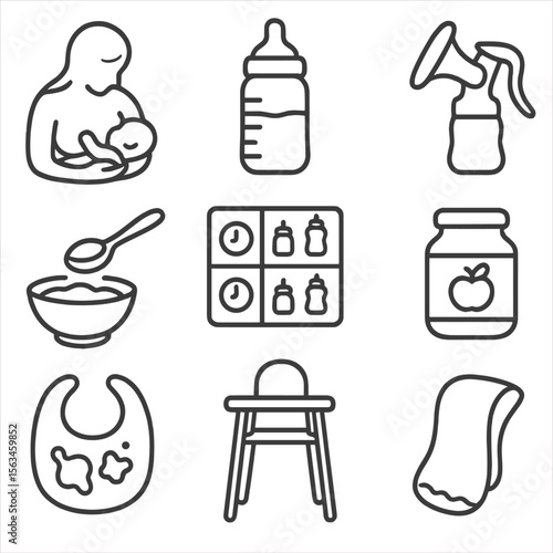 Baby Feeding Icons. Line style icons of baby feeding options: breastfeeding icon, formula bottle, breast pump, spoon feeding,