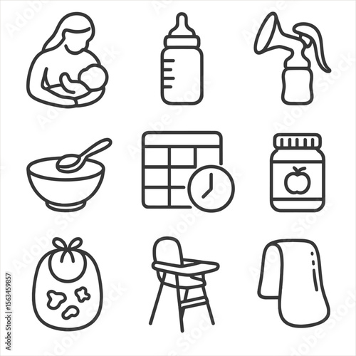 Baby Feeding Icons. Line style icons of baby feeding options: breastfeeding icon, formula bottle, breast pump, spoon feeding,