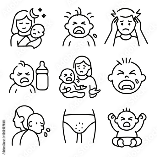 Parenting Challenges Icons. Line style icons of early parenting challenges: sleepless night icon, colic baby, parental stress