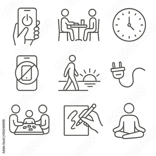 Digital Detox Icons. Line style icons of digital detox routine silhouettes: turning off phone, screen-free dinner, analog clock
