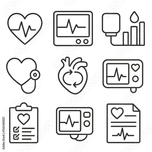 Cardiovascular Icon Set. Line style icons of heart and cardiovascular check: heartbeat line icon, EKG machine, cholesterol level