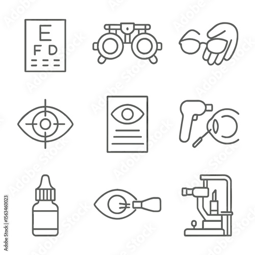 Vision Exam Icons. Line style icons of vision and eye exam: eye chart test, optometrist tools, glasses fitting, retinal scan,