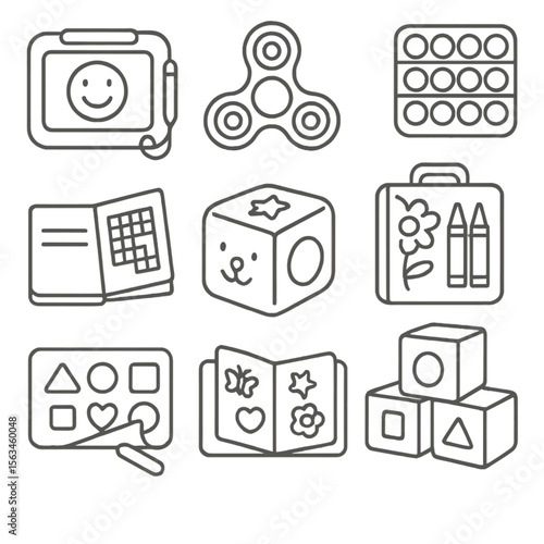 Travel Toy Icons. Line style icons of travel and quiet time toys: magnetic drawing board, fidget spinner, pop-it toy, mini puzzle