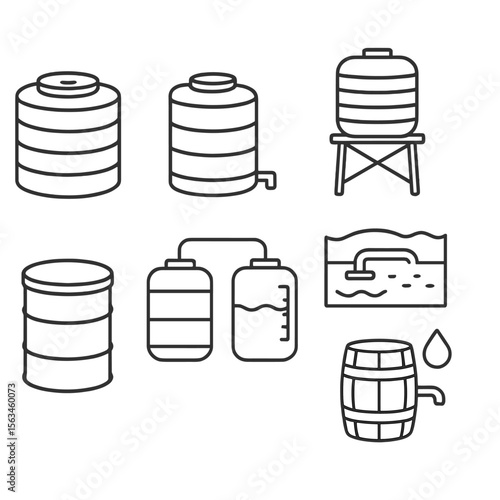 Storage Tanks Icons. Line style icons of storage tanks and barrels: round water tank, rain barrel with spout, elevated tank stand,
