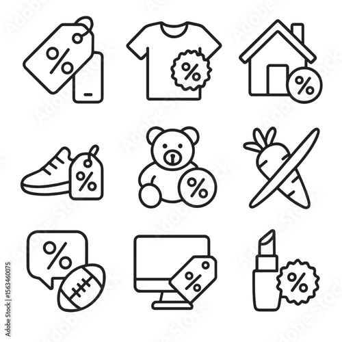 Discount Category Icons. Line style icons of discount categories: electronics tag icon, clothing markdown sticker, home goods icon