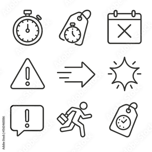 Urgency Symbols Icons. Line style icons of clearance urgency symbols: countdown clock, timer on tag, calendar with markdown mark,