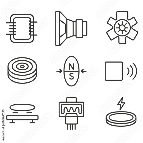 Electromagnetic Device Icons. Line style icons of electromagnetic devices: electric motor coil, loudspeaker cutaway, generator