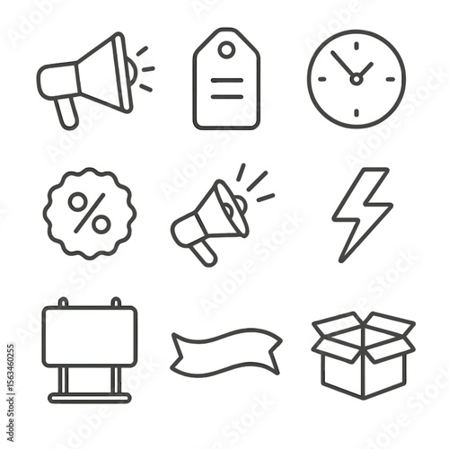 Marketing Icons Collection. Line style icons of marketing promotions: megaphone icon, sale tag, limited time offer clock, discount
