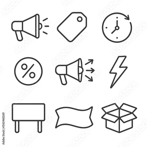 Marketing Icons Collection. Line style icons of marketing promotions: megaphone icon, sale tag, limited time offer clock, discount