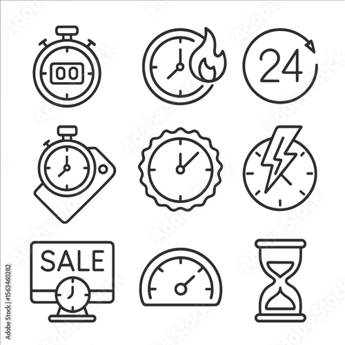 Time-Based Promotion Icons. Line style icons of time-based promotions: countdown timer, clock with fire symbol, 24-hour sale,