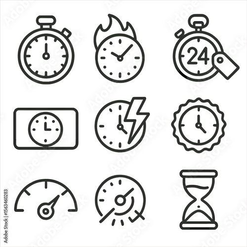 Time-Based Promotion Icons. Line style icons of time-based promotions: countdown timer, clock with fire symbol, 24-hour sale,
