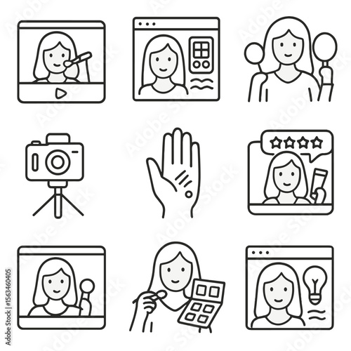 Beauty Influencer Icons. Line style icons of beauty influencers and content: makeup tutorial screen, beauty blog post icon,