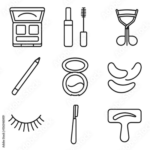 Eye and Brow Cosmetics. Line style icons of eye and brow cosmetics: brow powder palette, eyebrow gel, lash curler, eyeliner pencil