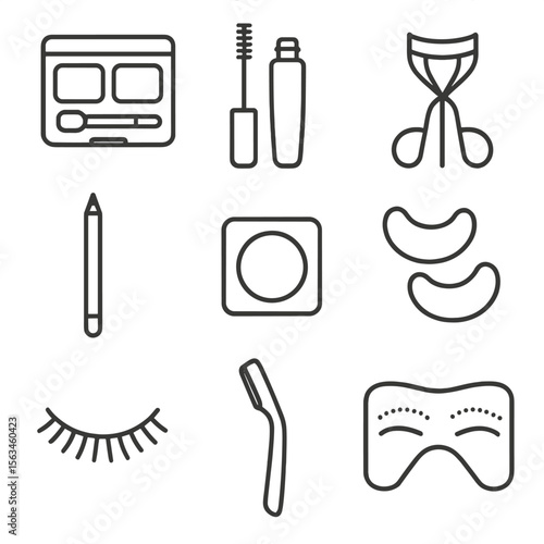 Eye and Brow Cosmetics. Line style icons of eye and brow cosmetics: brow powder palette, eyebrow gel, lash curler, eyeliner pencil
