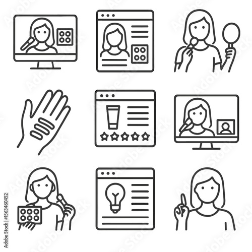 Beauty Influencer Icons. Line style icons of beauty influencers and content: makeup tutorial screen, beauty blog post icon,