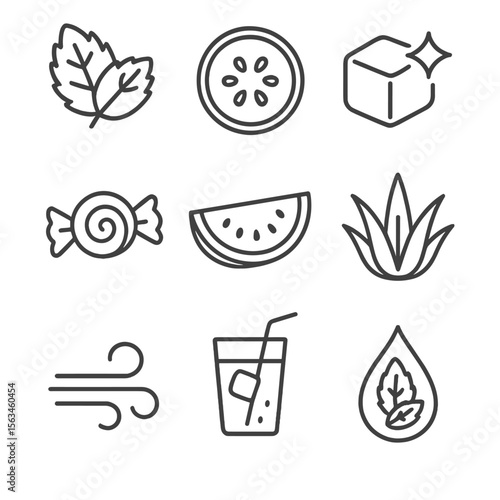 Cool Refreshing Icons. Line style icons of cool and refreshing tastes: mint leaves, cucumber slice, ice cube with sparkle,