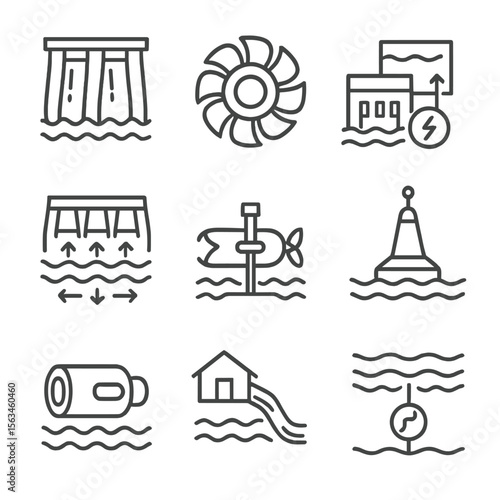 Hydro and Marine Energy Icons. Line style icons of hydro and marine energy: water dam generator, hydro turbine wheel, pumped