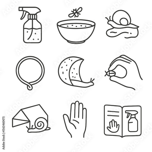 DIY Garden Pest Solutions. Line style icons of DIY garden pest solutions: homemade spray jar, vinegar trap bowl, beer slug trap,